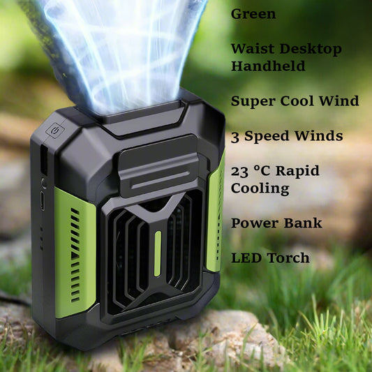 2-in-1 Waist Clip Fan with Power Bank & LED Flashlight – Stay Cool & Charged Anywhere!